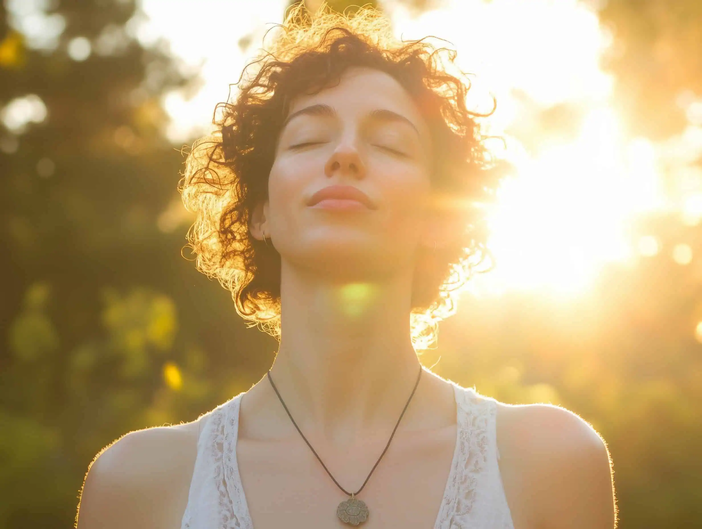 a woman with her eyes closed and a necklace in Holly Springs, NC